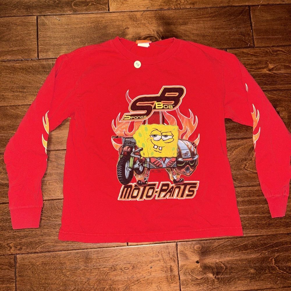 Vintage Y2K SpongeBob SquarePants Moto-Pants T-Shirt; Sz Medium‎ Youth 2002 Used